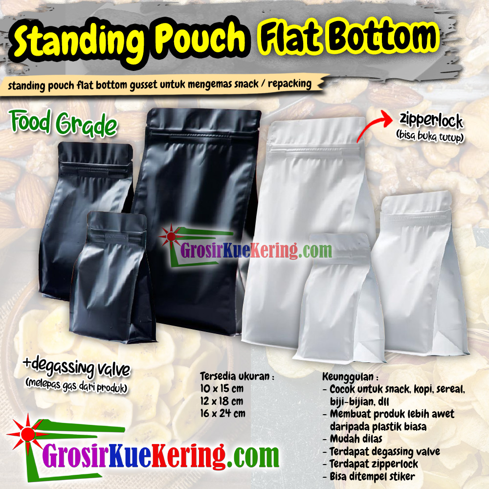 Standing Pouch Flat Bottom Gusset Zip Putih 16x24cm (100pcs)
