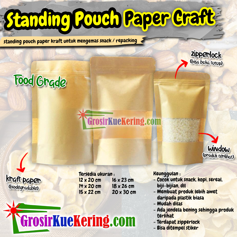 Standing Pouch Paper Craft Window Zip 14x20cm (100pcs)