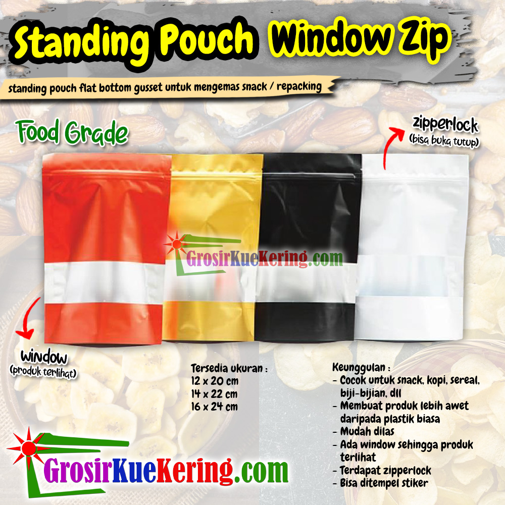 Standing Pouch Window Zip 16x24cm Full Color Merah (100pcs)